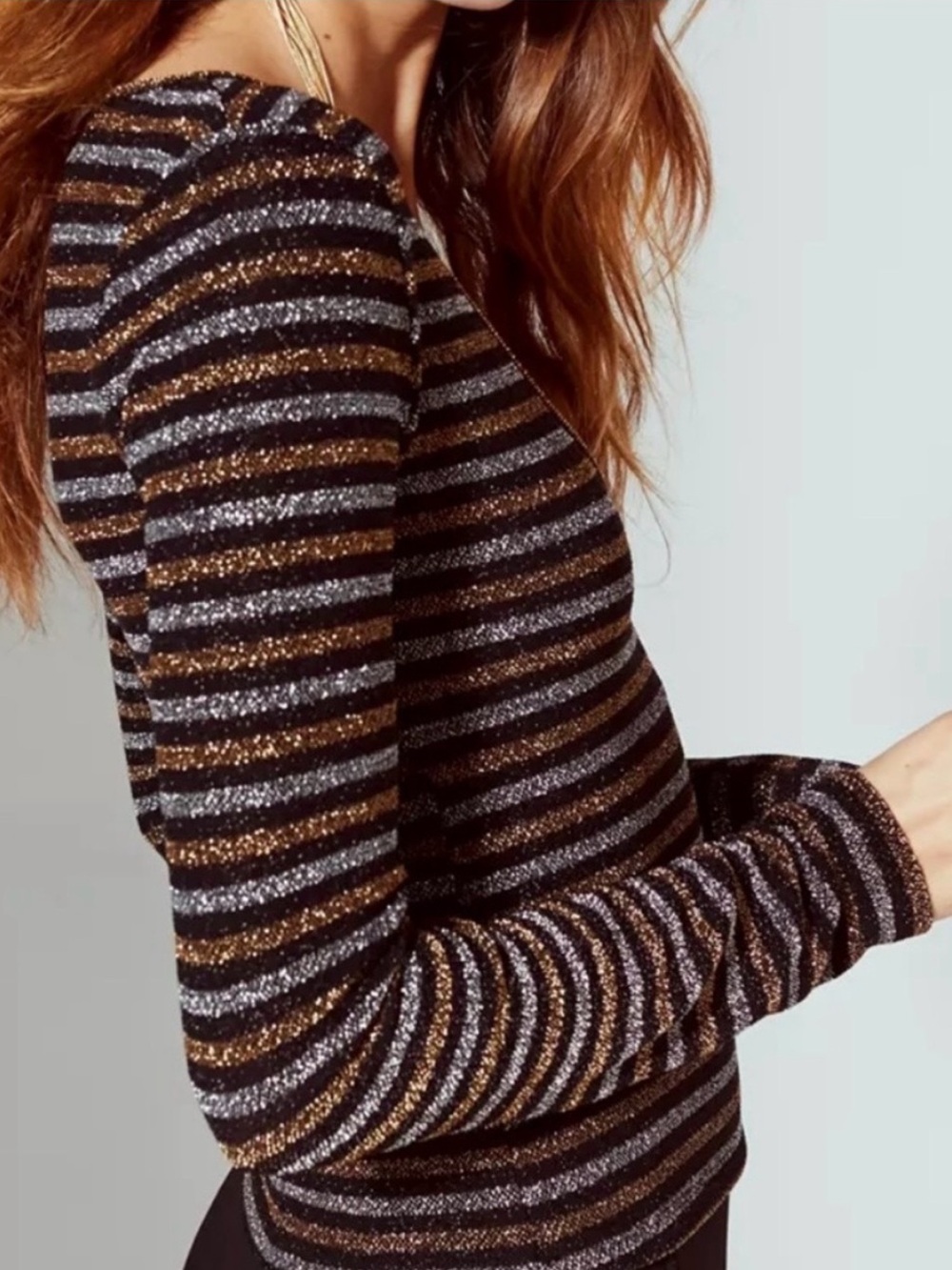 Urban Outfitters Black Striped Metallic Faux Wrap long sleeves Top size medium